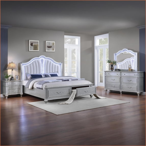 Bedroom Set King 4PC Contemporary with LED Upholstered Headboard, Light Gray Wood | Wood | Standard Beds