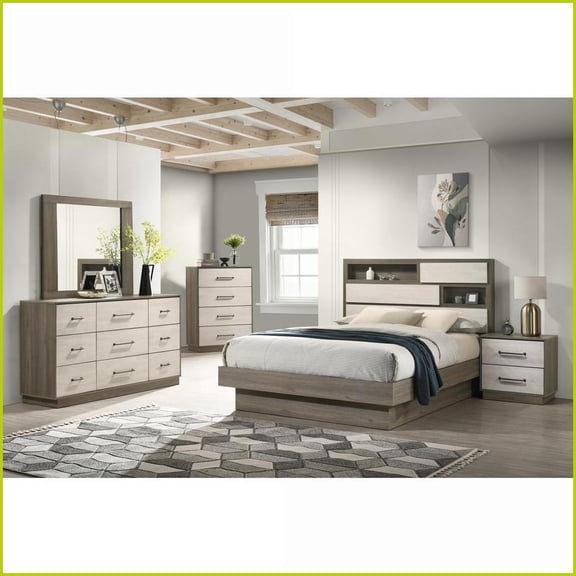 5-Piece King Bedroom Set Modern Two-Tone Beige/Brown Wood with Extra Chest | Wood | Double Dressers