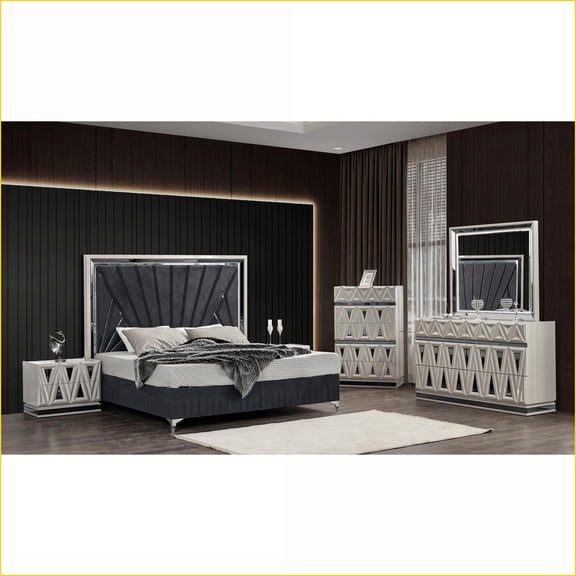 Bedroom Set, King 5-Piece Modern Contemporary River Sand Grey Wood with LED Lighting & Hydraulic Storage | Wood | Standard Beds