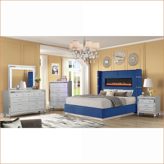 Bedroom Set King 5-Piece Modern Navy Blue with Fireplace Headboard, USB/Bluetooth | Wood | Novelty Beds