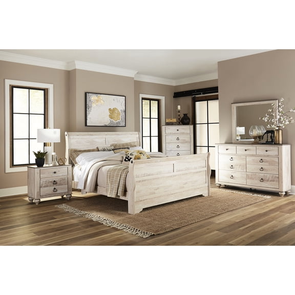 Bedroom Set with King Bed, Dresser, Mirror & More | Bring Contemporary Cool to Bedroom | Warm Tone Finish and Distressed Marks | Fix Bedroom Style Mismatch