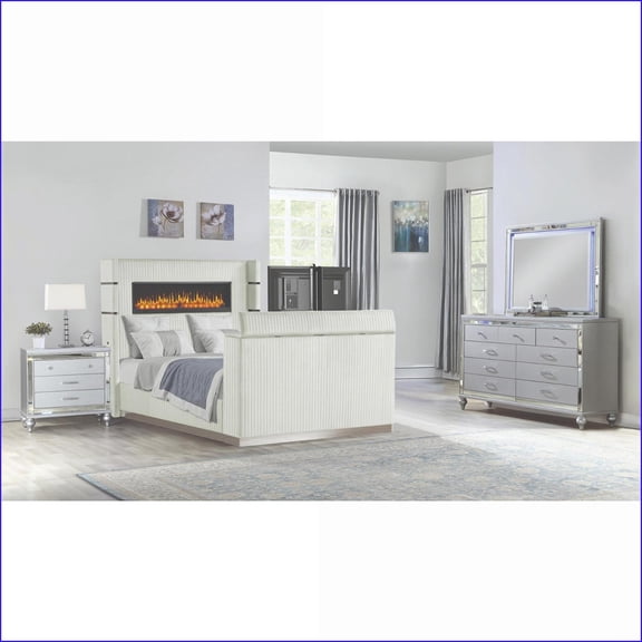 Bedroom Set, Lavita 5 Pc King Modern Upholstered with LED Lights & Hydraulic Storage, River Sand Grey | Wood | Standard Beds