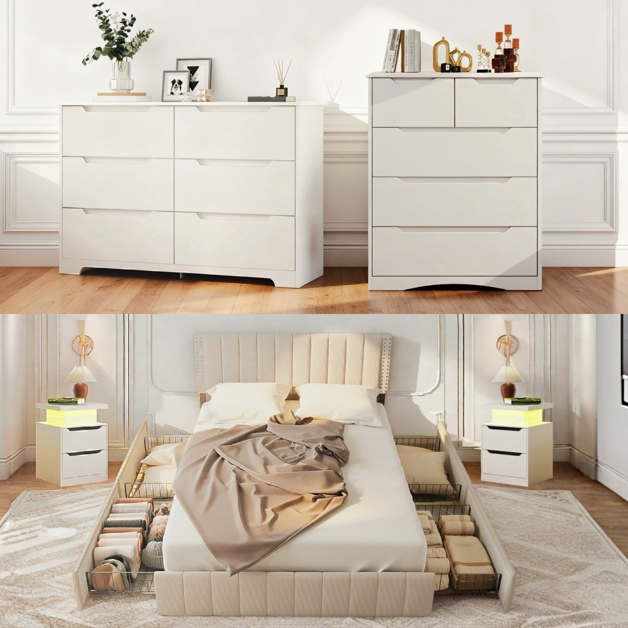 Bedroom Set, Lofka Queen Bed Frame, 2 Nightstands with Charging & RGB Lights, 5-Drawer Dresser & 6-Drawer Dresser for Large Bedrooms