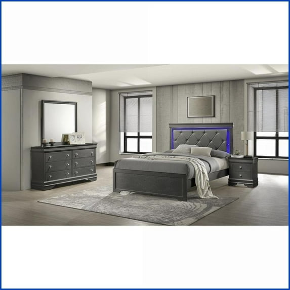 Bedroom Set, Modern 4 Pc Twin with LED Upholstered Headboard – Charcoal Gray Wood | Wood | Standard Beds