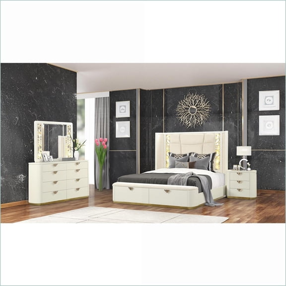 Bedroom Set, Modern 4-Piece Queen Beige Wood with Ambient Lighting & Storage | Wood | Standard Beds