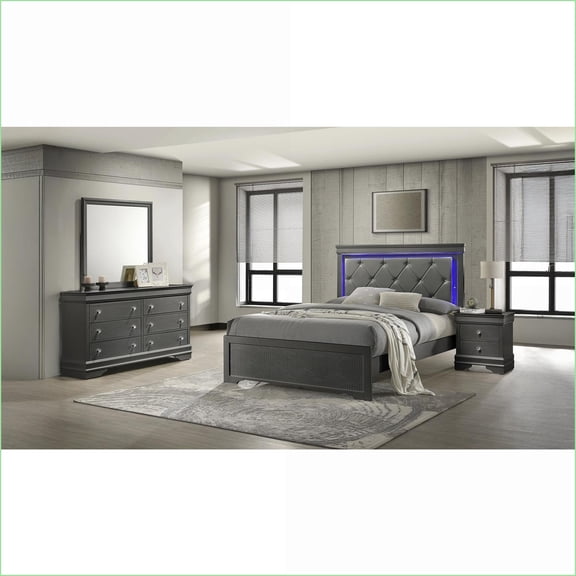 Bedroom Set, Modern 4-Piece Queen with LED Upholstered Headboard, Slate Gray Wood | Gray | Wood