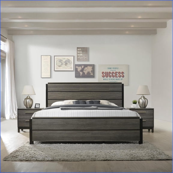 Bedroom Set, Modern Oriental 3-Piece King Size with 2 Nightstands, Antique Slate Gray Wood | Gray | Wood