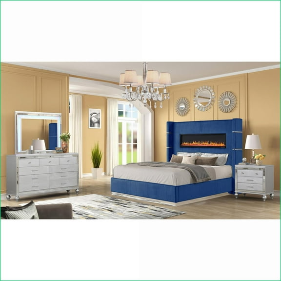 Bedroom Furniture Set King 4-Piece Modern Blue Wood Fireplace Headboard USB & Bluetooth | Wood | Novelty Beds