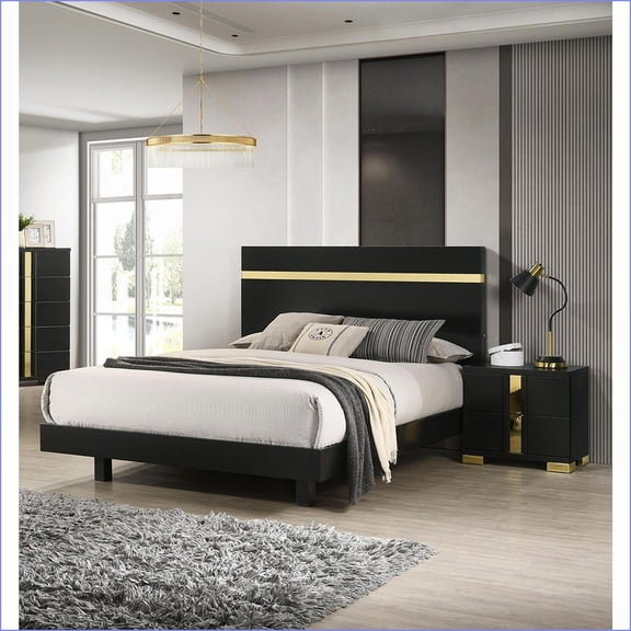 Bedroom Set Queen 3pc Modern Black Gold Underbed LED Acrylic Trim | Engineered Wood,Metal | Standard Beds