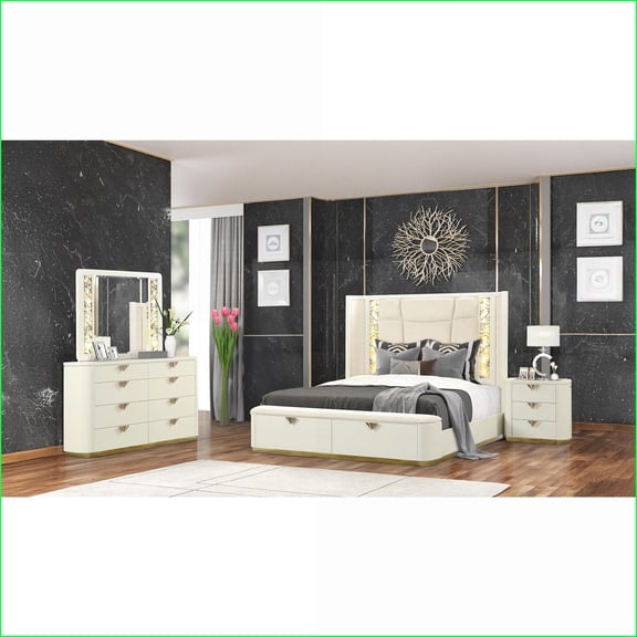 Queen Bedroom Set, 4-Piece Modern Beige Wood with Ambient Lighting & Storage | Wood | Standard Beds
