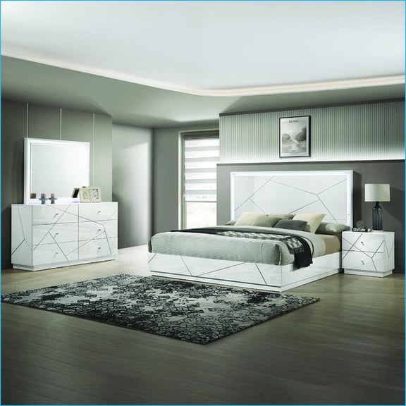 Bedroom Set Queen 4-Piece Modern Lacquer Finish with Geometric Accents & LED Lighting | Standard Beds | Double Dressers