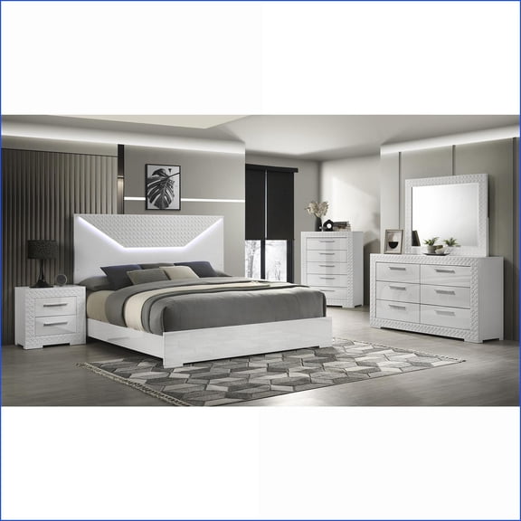 Bedroom Set Queen 4-Piece Modern Snow White with LED Headboard | Wood | Standard Beds