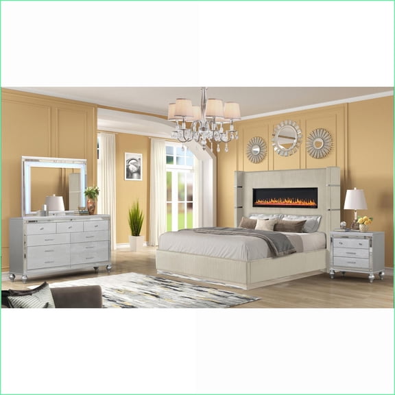 Bedroom Set Queen 4PC Modern Beige Velvet with Ambient Fireplace, USB/Bluetooth | Novelty Beds | Double Dressers