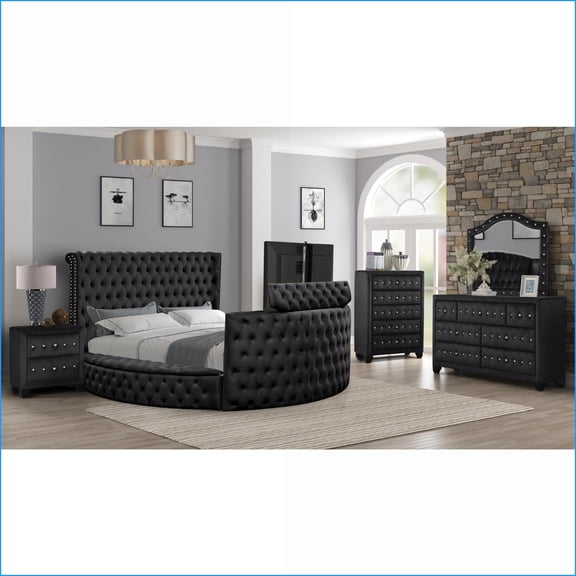 Bedroom Set Queen 4PC Modern Walnut Brown with LED Headboard, Bluetooth & Storage | Bookcase Beds | Double Dressers