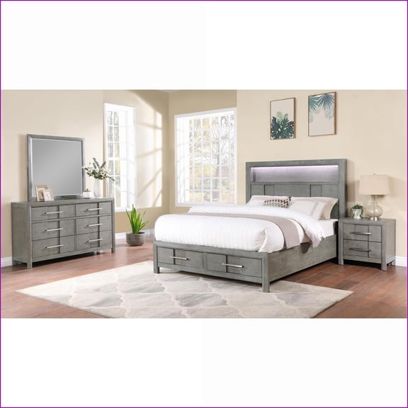 Bedroom Set Queen 4PC Modern with Storage, LED Headboard | Slate Gray | Wood