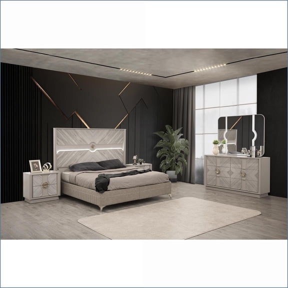 Bedroom Set Queen 5-Pc Modern LED Upholstered Headboard Wood Slate Gray | Wood | Standard Beds