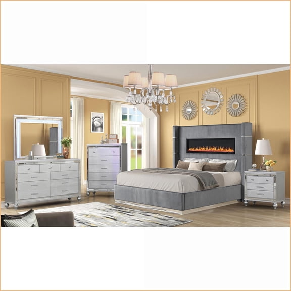 Bedroom Set, Queen 5-Piece Contemporary Hollywood Glam with LED Lights, Cream | Solid & Manufactured Wood | Standard Beds