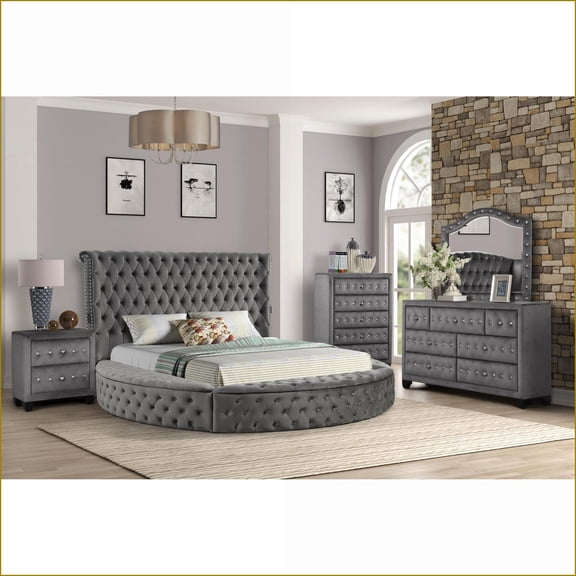 Bedroom Set, Queen 5-Piece Contemporary Tufted Velvet with Storage, USB, Speakers | Gray | Wood
