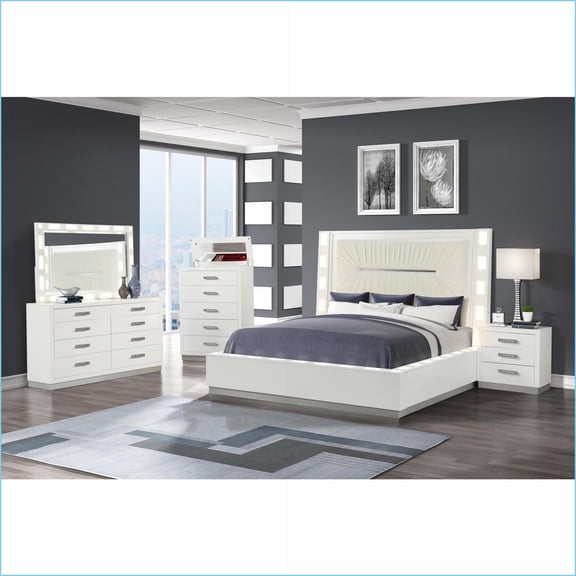Bedroom Set Queen 5-Piece Cream Wood with LED Lights & Crystal Hardware | Wood | White