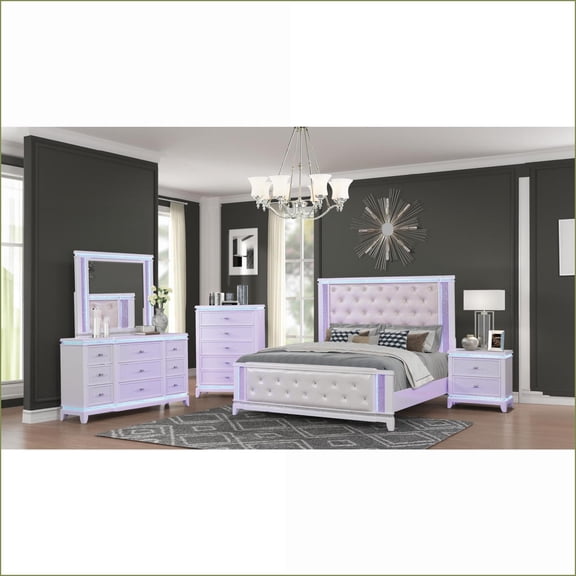 Bedroom Set Queen 5-Piece Modern Ivory with LED Lights | Solid & Manufactured Wood | White | Wood