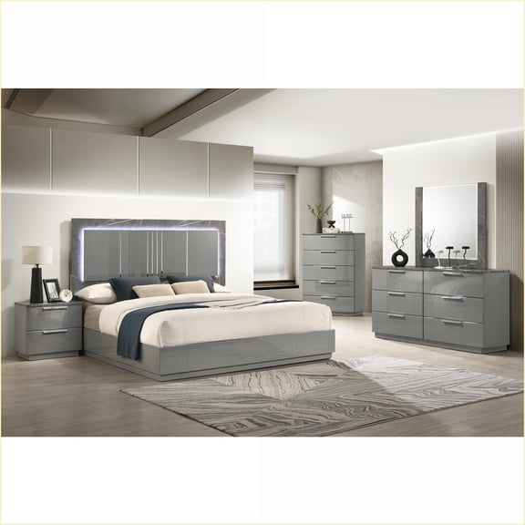 Bedroom Set Queen 5-Piece Modern Slate Gray with LED Lighting & Storage | Standard Beds | Double Dressers