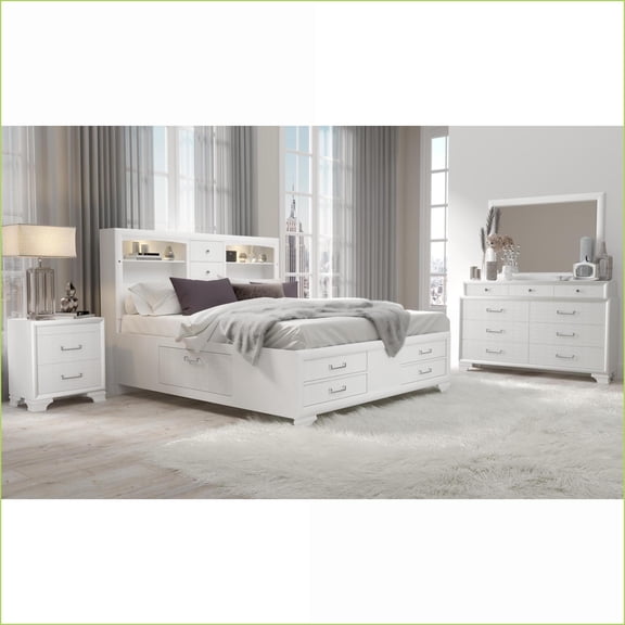 Bedroom Set, Queen 5-Piece Off-White with Storage | Bookcase Beds | Solid Wood+MDF