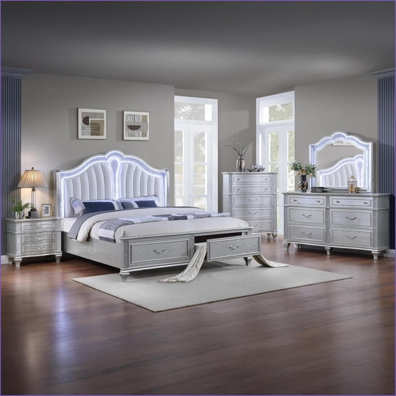 Bedroom Set Queen 5PC Contemporary Light Gray Wood with LED Headboard Storage | Wood | Standard Beds