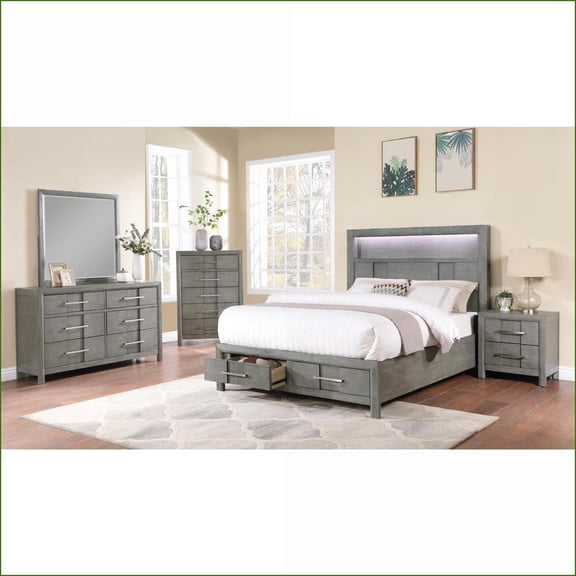 Bedroom Set Queen 5PC Modern Slate Gray Wood with LED Headboard, Storage, Bluetooth & USB | Bookcase Beds | Double Dressers