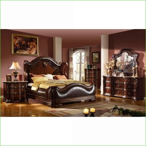 Bedroom Set Queen 5pc Traditional Wood Dark Walnut Brown with Marble Tops | Wood | Wingback Beds