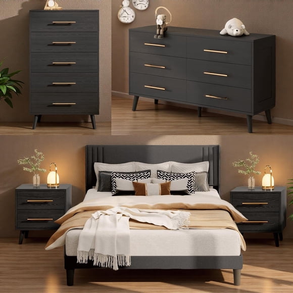 Bedroom Set - Lofka Full Bedroom Furniture Sets include Full Bed Frame, 2 Nightstands, 5-Drawer Dresser and 6-Drawer Dresser, Modern Home Furniture