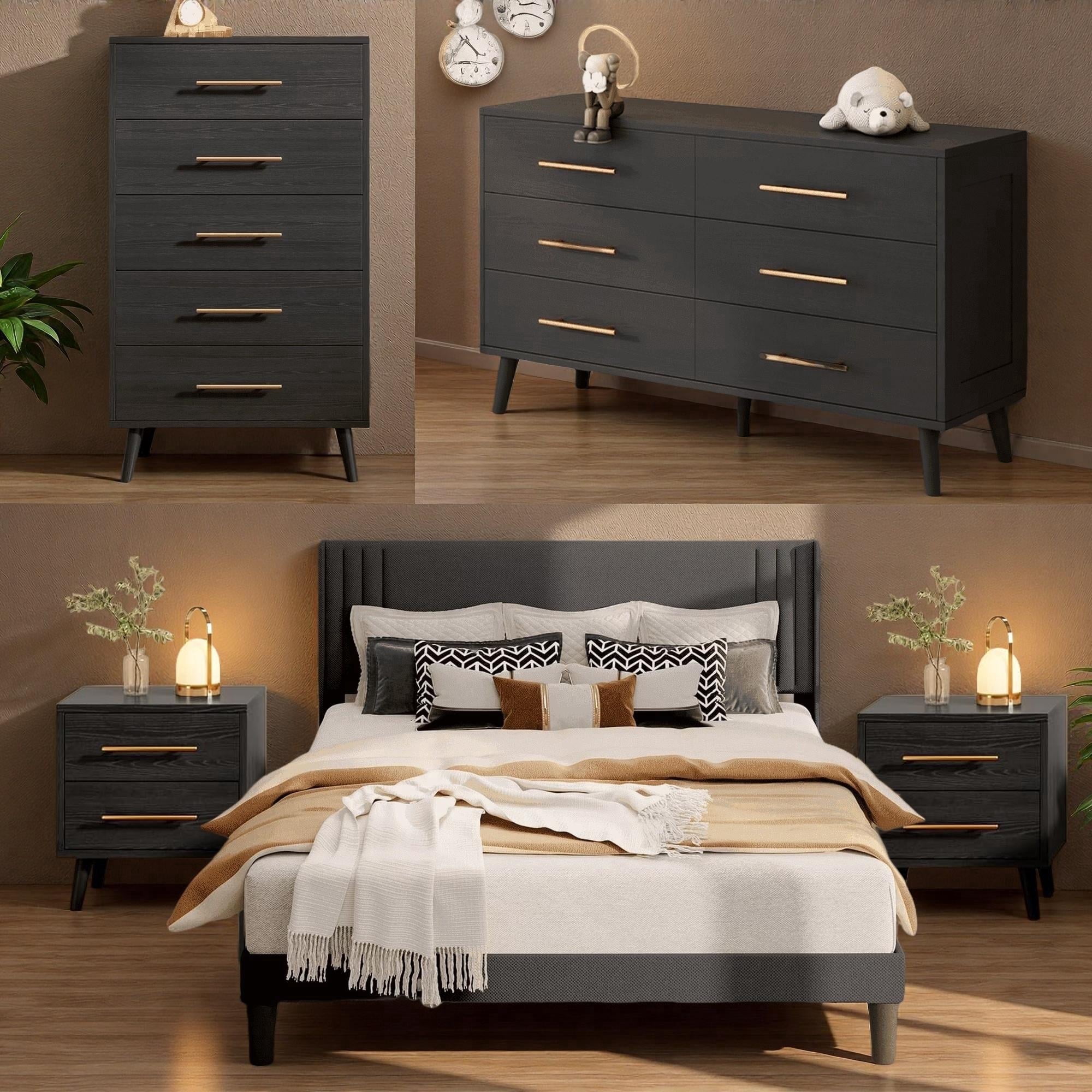 Bedroom Set - Lofka Full Bedroom Furniture Sets include Full Bed Frame, 2 Nightstands, 5-Drawer Dresser and 6-Drawer Dresser, Modern Home Furniture