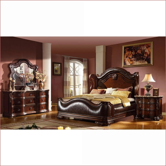 Bedroom Set Queen Size 4-Piece Traditional Dark Walnut Brown Wood with Marble Tops | Wood | Wingback Beds