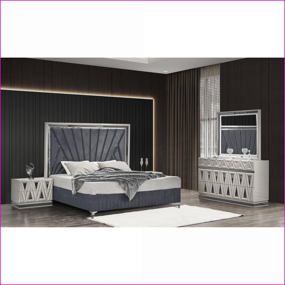 Bedroom Set Queen Size 4PC Modern with Velvet Headboard LED Lights Hydraulic Storage Light Gray | Wood | Double Dressers