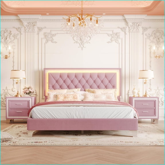 3-Piece Bedroom Set: Queen Upholstered Bed with LED Lights & 2 Nightstands | Pink | Velvet