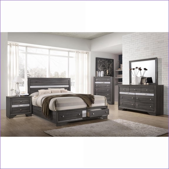 Bedroom Set, Traditional Queen 5 PC Storage in Gray | Wood | Standard Beds