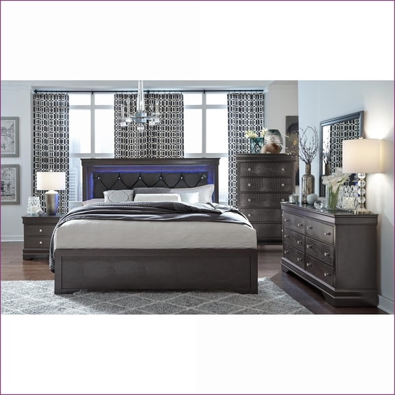 Bedroom Set for Cozy Family Bedrooms, Full 5-Piece Traditional Shaker Slate Gray with LED Lights | Solid Wood+MDF | Double Dressers