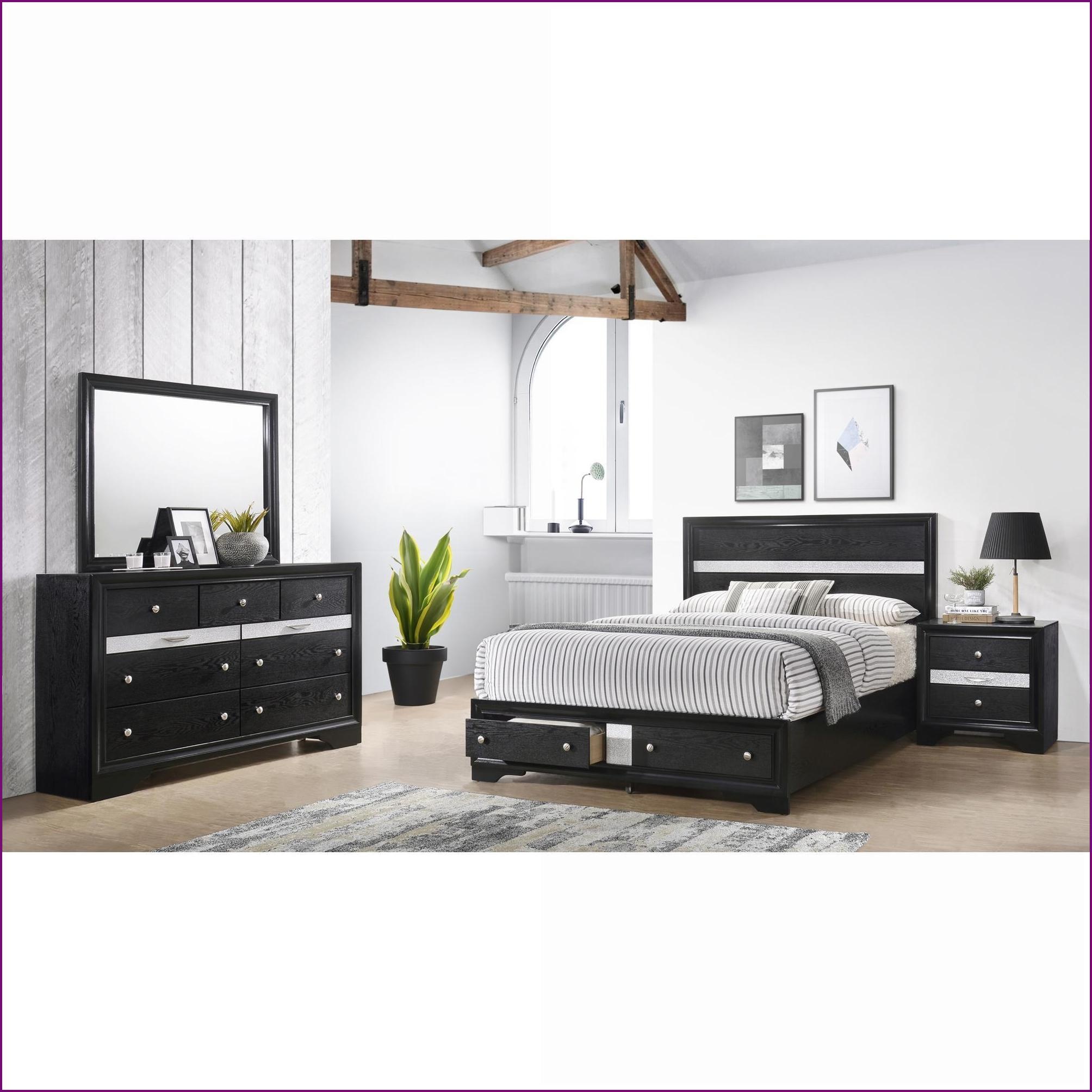 Bedroom Set for Master/Guest Room, Traditional Queen 4 PC Storage in Black Engineered Wood | Black | Wood