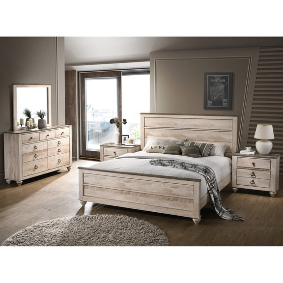 Bedroom Set including Bed | Achieve Urban Chic Look | White Wash Rustic Finish | Classic Molding for Elegance