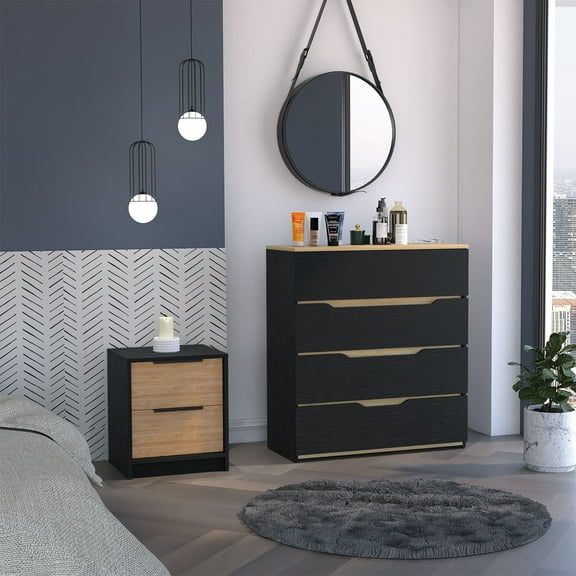 Bedroom Sets Medella 2-Piece Bedroom Set, Nightstand and Dresser, Black, Pine and Light Oak,Bedroom Furniture Sets