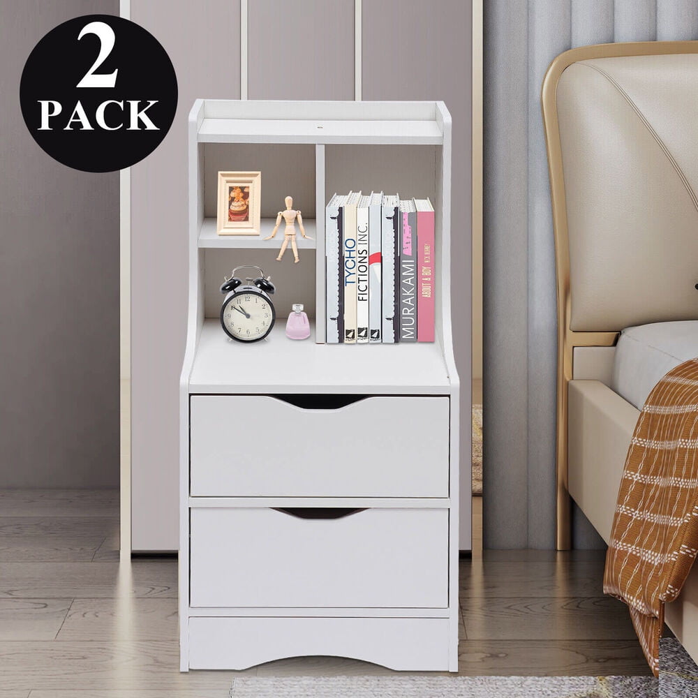 Bedroom Side Storage Set of 2 Nightstand Beside End Table with 2 Large