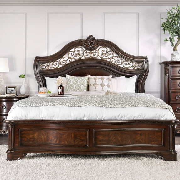 Bedroom Solid Wood Camelback Headboard Traditional Formal Queen Size Bed Brown Cherry Sleigh Bed