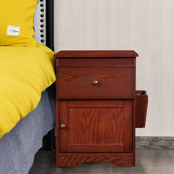 Bedroom Storage Cabinet, Wood Bedside Cabinet with Drawer and Cabinet, MDF Wood Multifunctional Bedroom Furniture with Magazine Rack, Modern Smooth Bedside Night Table for Home, Walnut, S9288