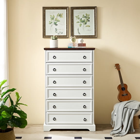 Bedroom Storage Chest With 6 Drawers - Tall, , Gliding Easy, White Spacious, Construction , Handle Pull