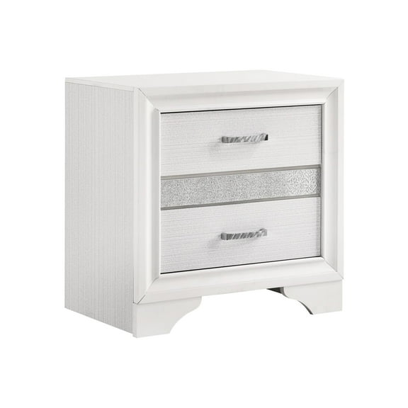 Bedroom Storage Nightstand In White - 2 Drawers, Rhinestone Handles, Glitter Stripes Style Drawers Nightstand, Handles Add Flair, For