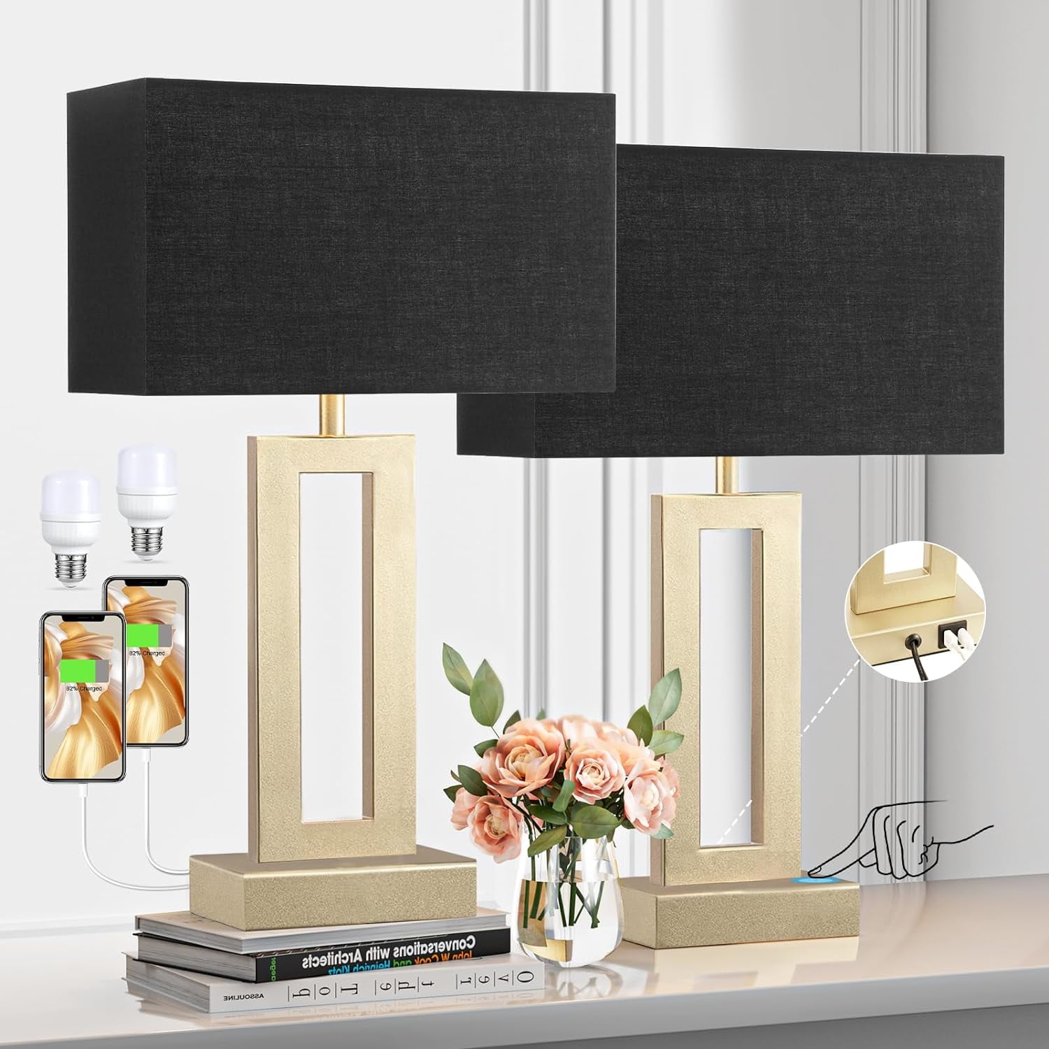 Set Of 2 Modern Table Lamps 28" Tall – USB C/A Ports & AC Outlet, 3-Way Touch Dimming, Black Farmhouse Bedside Lamps