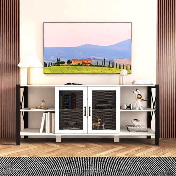 Bedroom Tv Stand - 80 Inch Industrial, White, And Spacious With Storage, Metal & Wood Industrial For Living Room Modern Style Wood,