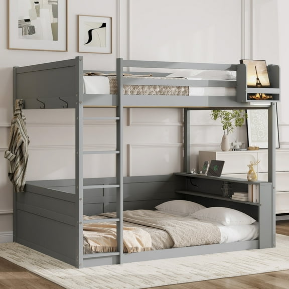 Euroco Wood Queen over Queen Bunk Bed with Shelves and Cabinets, Storage Headboard with LED Light and USB Charging, Grey