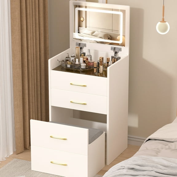 Bedroom Vanity With Comfortable Seat And Storage - White 3 In 1 Desk, Cushion, Drawers Spacious