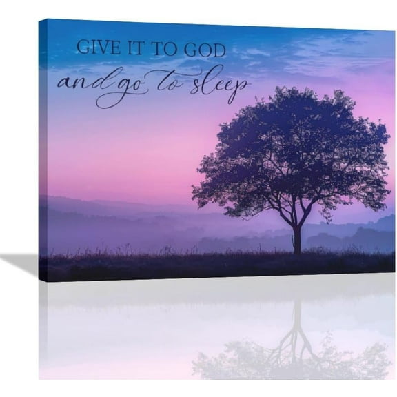 Bedroom Wall Art Give it to God and Go to Sleep Sign Wall Decor Christian Canvas Prints Painting Purple Tree Bathroom Pictures Framed Artwork Gifts Home Decorations 16"x12"