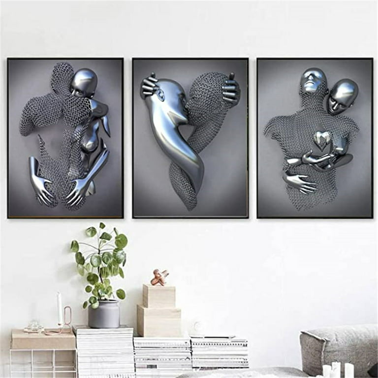 Bedroom Wall Decor, Romantic Couple Living Room Canvas Wall Art, Love Heart  3D Metal Sculpture Effect, Black and White Modern Abstract Lovers Painting
